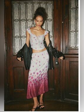 Free People Lavender Floral Tie-Front Bustier Top & A-Line Midi Skirt Set